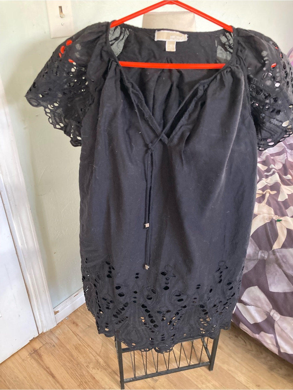 Michael Kors Women's Black Eyelet Peasant Dress - Classic Tie Neck
